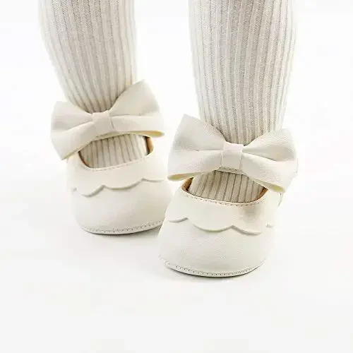 Myleleya Baby Girls Mary Jane Flats with Bowknot Flowers Princess Wedding Dress Ballet Shoes Non-Slip Toddler First Walkers Newborn Crib Shoes - 2