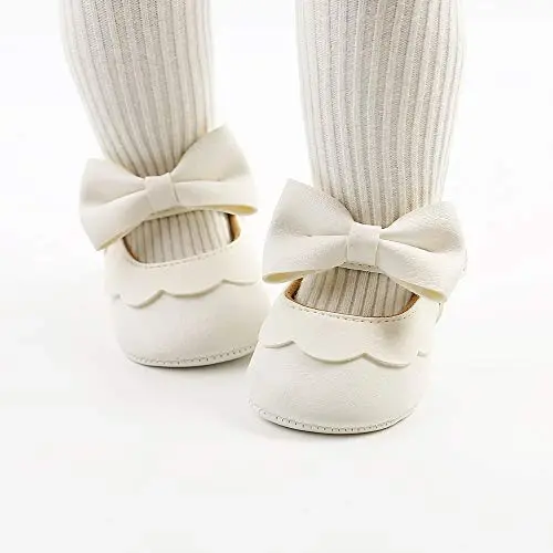 Myleleya Baby Girls Mary Jane Flats with Bowknot Flowers Princess Wedding Dress Ballet Shoes Non-Slip Toddler First Walkers Newborn Crib Shoes - 2