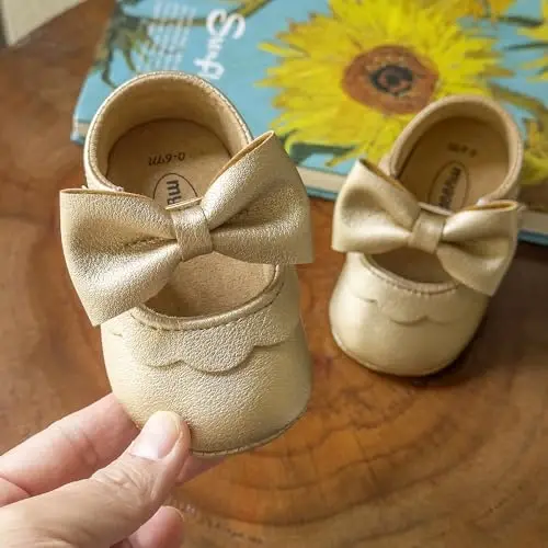 Myleleya Baby Girls Mary Jane Flats with Bowknot Flowers Princess Wedding Dress Ballet Shoes Non-Slip Toddler First Walkers Newborn Crib Shoes 