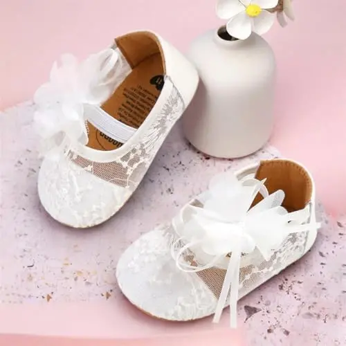 Myleleya Baby Girls Mary Jane Flats with Bowknot Flowers Princess Wedding Dress Ballet Shoes Non-Slip Toddler First Walkers Newborn Crib Shoes - 3