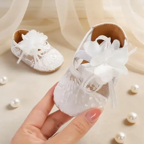 Myleleya Baby Girls Mary Jane Flats with Bowknot Flowers Princess Wedding Dress Ballet Shoes Non-Slip Toddler First Walkers Newborn Crib Shoes 