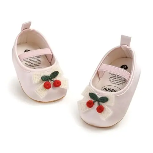 Myleleya Baby Girls Mary Jane Flats with Bowknot Flowers Princess Wedding Dress Ballet Shoes Non-Slip Toddler First Walkers Newborn Crib Shoes - 1