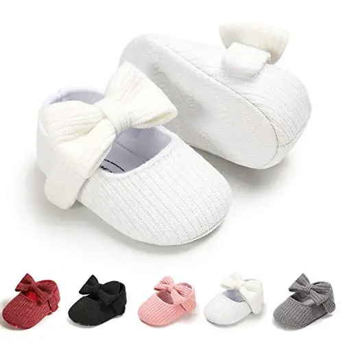 Myleleya Baby Girls Mary Jane Flats with Bowknot Flowers Princess Wedding Dress Ballet Shoes Non-Slip Toddler First Walkers Newborn Crib Shoes - 1