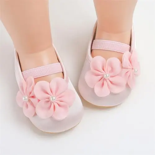 Myleleya Baby Girls Mary Jane Flats with Bowknot Flowers Princess Wedding Dress Ballet Shoes Non-Slip Toddler First Walkers Newborn Crib Shoes - MYLELEYA (1)