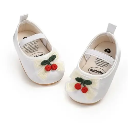 Myleleya Baby Girls Mary Jane Flats with Bowknot Flowers Princess Wedding Dress Ballet Shoes Non-Slip Toddler First Walkers Newborn Crib Shoes - 1