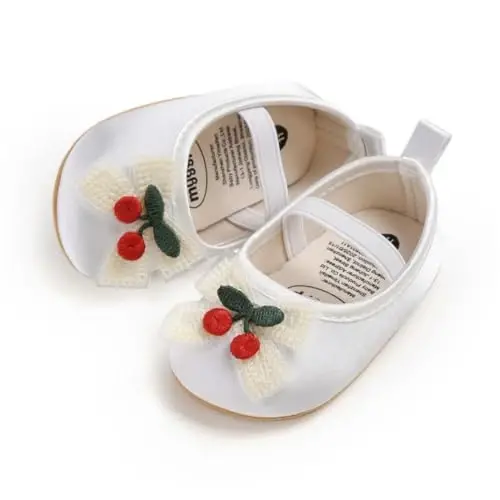 Myleleya Baby Girls Mary Jane Flats with Bowknot Flowers Princess Wedding Dress Ballet Shoes Non-Slip Toddler First Walkers Newborn Crib Shoes - 6