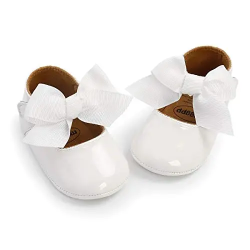 Myleleya Baby Girls Mary Jane Flats with Bowknot Flowers Princess Wedding Dress Ballet Shoes Non-Slip Toddler First Walkers Newborn Crib Shoes - 1