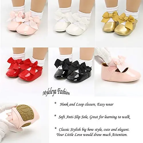 Myleleya Baby Girls Mary Jane Flats with Bowknot Flowers Princess Wedding Dress Ballet Shoes Non-Slip Toddler First Walkers Newborn Crib Shoes - 3