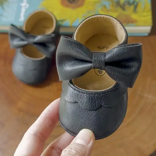 Myleleya Baby Girls Mary Jane Flats with Bowknot Flowers Princess Wedding Dress Ballet Shoes Non-Slip Toddler First Walkers Newborn Crib Shoes - 2