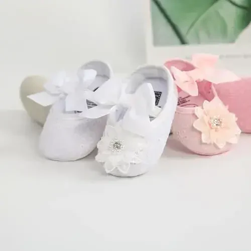 Myleleya Baby Girls Mary Jane Flats with Bowknot Flowers Princess Wedding Dress Ballet Shoes Non-Slip Toddler First Walkers Newborn Crib Shoes - 3