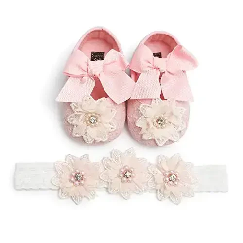 Myleleya Baby Girls Mary Jane Flats with Bowknot Flowers Princess Wedding Dress Ballet Shoes Non-Slip Toddler First Walkers Newborn Crib Shoes - 5