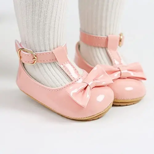 Myleleya Baby Girls Mary Jane Flats with Bowknot Flowers Princess Wedding Dress Ballet Shoes Non-Slip Toddler First Walkers Newborn Crib Shoes - MYLELEYA (1)