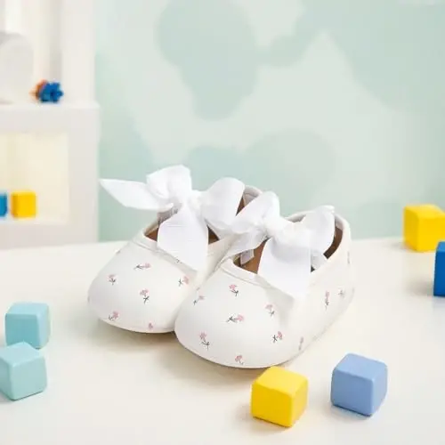 Myleleya Baby Girls Mary Jane Flats with Bowknot Flowers Princess Wedding Dress Ballet Shoes Non-Slip Toddler First Walkers Newborn Crib Shoes - 3