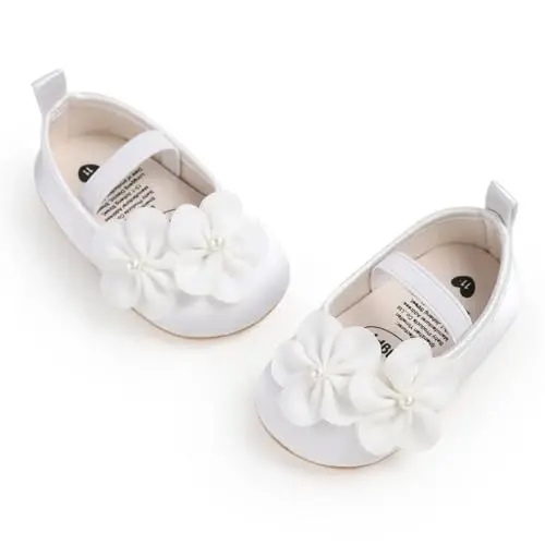 Myleleya Baby Girls Mary Jane Flats with Bowknot Flowers Princess Wedding Dress Ballet Shoes Non-Slip Toddler First Walkers Newborn Crib Shoes - 6