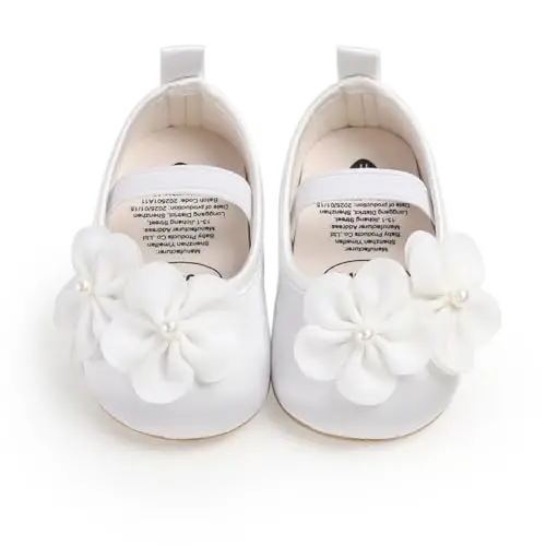 Myleleya Baby Girls Mary Jane Flats with Bowknot Flowers Princess Wedding Dress Ballet Shoes Non-Slip Toddler First Walkers Newborn Crib Shoes - 3