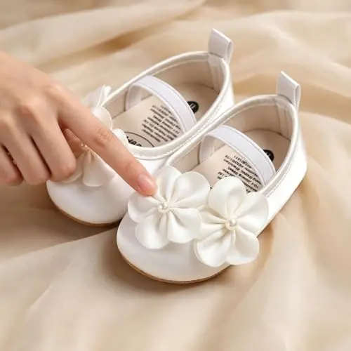 Myleleya Baby Girls Mary Jane Flats with Bowknot Flowers Princess Wedding Dress Ballet Shoes Non-Slip Toddler First Walkers Newborn Crib Shoes - 2