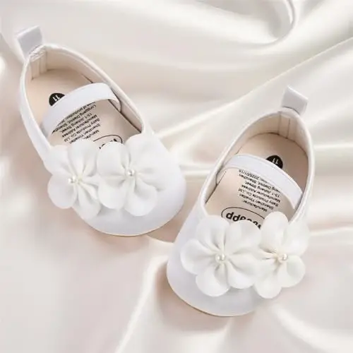 Myleleya Baby Girls Mary Jane Flats with Bowknot Flowers Princess Wedding Dress Ballet Shoes Non-Slip Toddler First Walkers Newborn Crib Shoes - 3