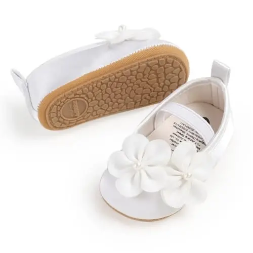Myleleya Baby Girls Mary Jane Flats with Bowknot Flowers Princess Wedding Dress Ballet Shoes Non-Slip Toddler First Walkers Newborn Crib Shoes - 4