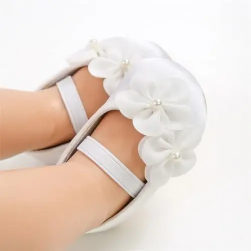 Myleleya Baby Girls Mary Jane Flats with Bowknot Flowers Princess Wedding Dress Ballet Shoes Non-Slip Toddler First Walkers Newborn Crib Shoes - 1