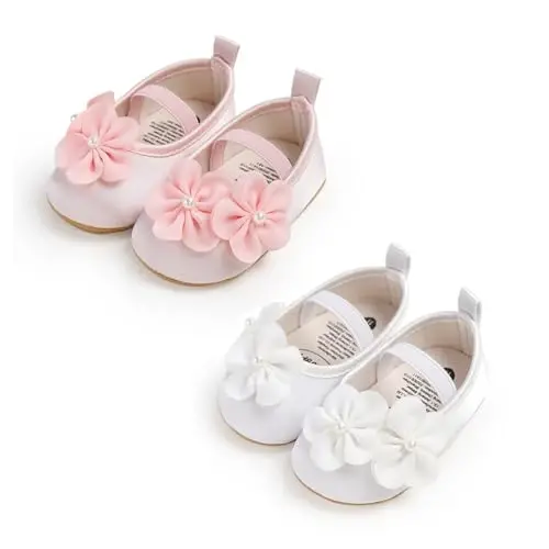 Myleleya Baby Girls Mary Jane Flats with Bowknot Flowers Princess Wedding Dress Ballet Shoes Non-Slip Toddler First Walkers Newborn Crib Shoes - 2