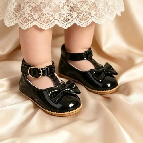 Myleleya Baby Girls Mary Jane Flats with Bowknot Flowers Princess Wedding Dress Ballet Shoes Non-Slip Toddler First Walkers Newborn Crib Shoes - 1