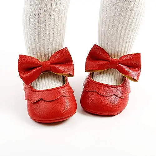 Myleleya Baby Girls Mary Jane Flats with Bowknot Flowers Princess Wedding Dress Ballet Shoes Non-Slip Toddler First Walkers Newborn Crib Shoes - 3