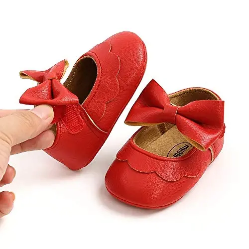 Myleleya Baby Girls Mary Jane Flats with Bowknot Flowers Princess Wedding Dress Ballet Shoes Non-Slip Toddler First Walkers Newborn Crib Shoes - 4