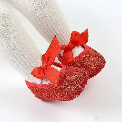 myppgg Baby Girls Mary Jane Flats Sparkly Bowknot Princess Dress Crib Shoes Non-Slip for Toddler First Walkers - 4