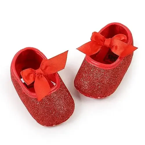 myppgg Baby Girls Mary Jane Flats Sparkly Bowknot Princess Dress Crib Shoes Non-Slip for Toddler First Walkers - 6