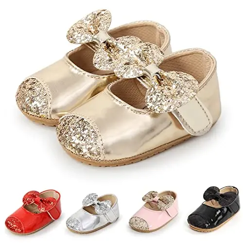 myppgg Baby Girls Mary Jane Flats Sparkly Bowknot Princess Dress Crib Shoes Non-Slip for Toddler First Walkers - 4