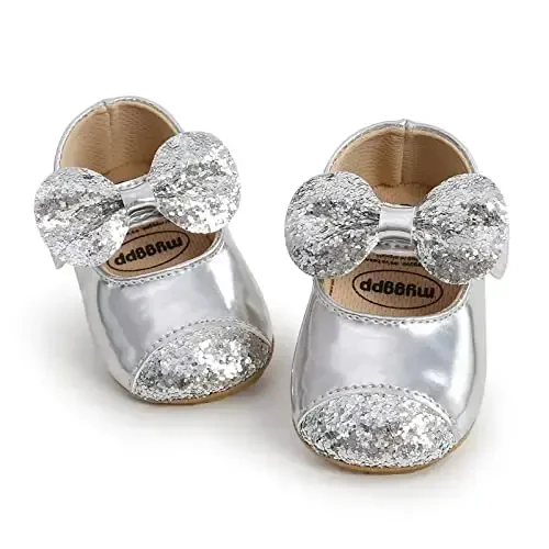 myppgg Baby Girls Mary Jane Flats Sparkly Bowknot Princess Dress Crib Shoes Non-Slip for Toddler First Walkers 
