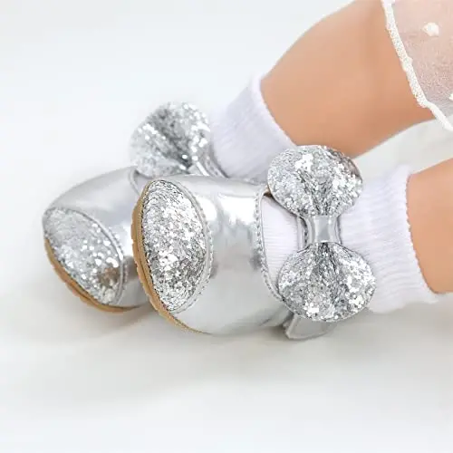 myppgg Baby Girls Mary Jane Flats Sparkly Bowknot Princess Dress Crib Shoes Non-Slip for Toddler First Walkers - 3