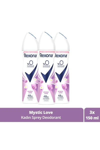 Mystic Love Ayollar uchun sprey dezodorant 0% alyuminiy 48 soat ter hidi va hidiga qarshi himoya 150 ml X3 - REXONA