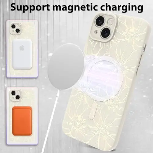 MZELQ for iPhone 14 Pro Case, Silicone Black Floral Flowers Cute Pattern, Magnetic Compatible with MagSafe Sunflowers Camera Protection Phone Case - 5