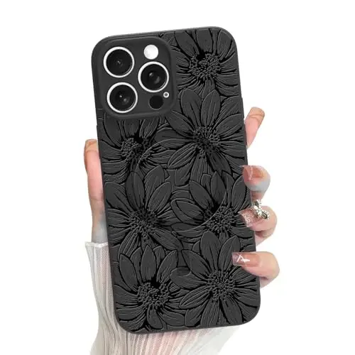 MZELQ for iPhone 15 Pro Case, Silicone Black Floral Flowers Cute Pattern, Magnetic Compatible with MagSafe Sunflowers Camera Protection Phone Case - MZELQ