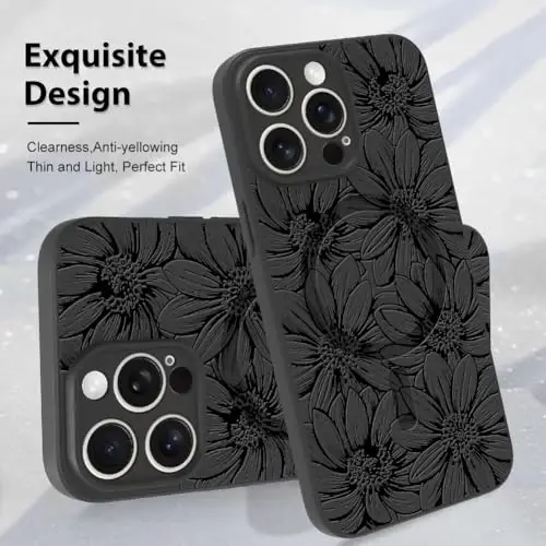 MZELQ for iPhone 15 Pro Case, Silicone Black Floral Flowers Cute Pattern, Magnetic Compatible with MagSafe Sunflowers Camera Protection Phone Case - 4