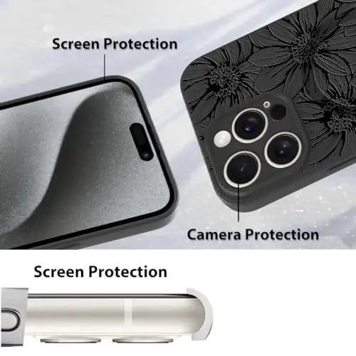MZELQ for iPhone 15 Pro Case, Silicone Black Floral Flowers Cute Pattern, Magnetic Compatible with MagSafe Sunflowers Camera Protection Phone Case - 5