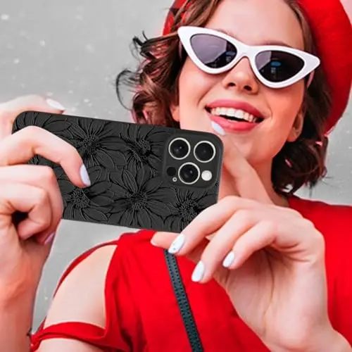 MZELQ for iPhone 15 Pro Case, Silicone Black Floral Flowers Cute Pattern, Magnetic Compatible with MagSafe Sunflowers Camera Protection Phone Case - 6