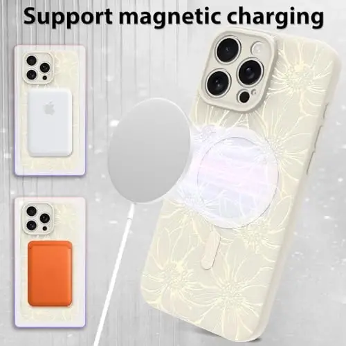 MZELQ for iPhone 16 Pro Case, Silicone White Floral Flowers Cute Pattern, Magnetic Compatible with MagSafe Sunflowers Camera Protection Phone Case - 5