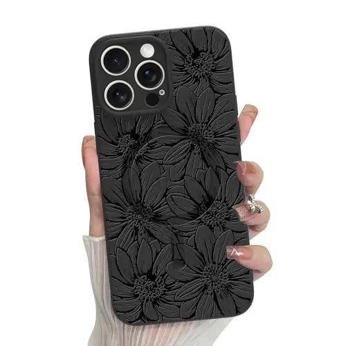 MZELQ iPhone 15 ga mo'ljallangan chexol, silikon, qora rangli gullar tasvirlangan yoqimli naqsh, MagSafe bilan mos keladigan magnitli, fotoapparatni himoya qiluvchi kungaboqar chexol - 1