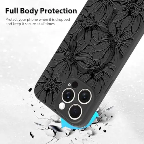 MZELQ iPhone 15 ga mo'ljallangan chexol, silikon, qora rangli gullar tasvirlangan yoqimli naqsh, MagSafe bilan mos keladigan magnitli, fotoapparatni himoya qiluvchi kungaboqar chexol - 2