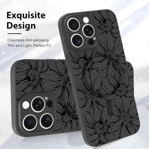 MZELQ iPhone 15 ga mo'ljallangan chexol, silikon, qora rangli gullar tasvirlangan yoqimli naqsh, MagSafe bilan mos keladigan magnitli, fotoapparatni himoya qiluvchi kungaboqar chexol - 3