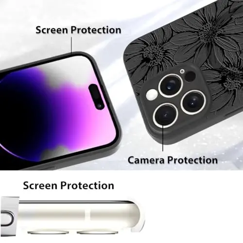 MZELQ iPhone 15 ga mo'ljallangan chexol, silikon, qora rangli gullar tasvirlangan yoqimli naqsh, MagSafe bilan mos keladigan magnitli, fotoapparatni himoya qiluvchi kungaboqar chexol - 4