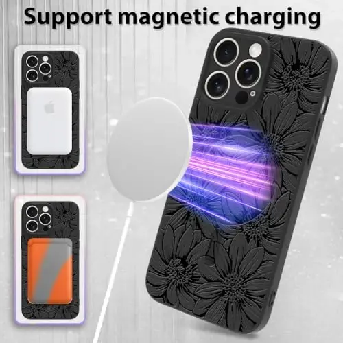 MZELQ iPhone 15 ga mo'ljallangan chexol, silikon, qora rangli gullar tasvirlangan yoqimli naqsh, MagSafe bilan mos keladigan magnitli, fotoapparatni himoya qiluvchi kungaboqar chexol - 5