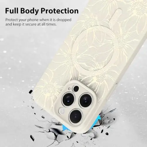 MZELQ uchun iPhone 15 Pro qutisi, Silikon oq gullar chiroyli naqshli, MagSafe bilan mos keladigan magnitli quyoshgullari kamerani himoya qiladigan telefon qutisi - MODAZONE (1)