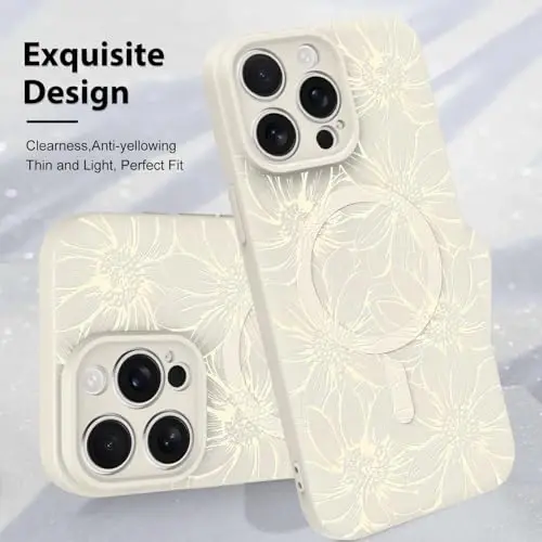 MZELQ uchun iPhone 15 Pro qutisi, Silikon oq gullar chiroyli naqshli, MagSafe bilan mos keladigan magnitli quyoshgullari kamerani himoya qiladigan telefon qutisi - 3