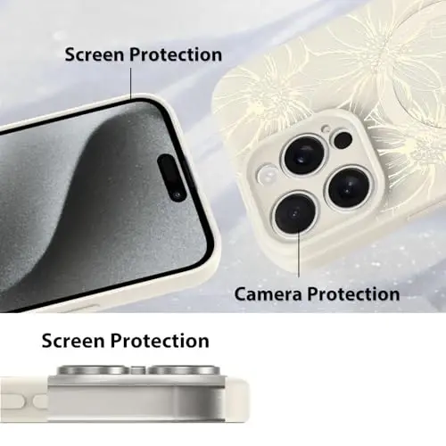 MZELQ uchun iPhone 15 Pro qutisi, Silikon oq gullar chiroyli naqshli, MagSafe bilan mos keladigan magnitli quyoshgullari kamerani himoya qiladigan telefon qutisi - 4