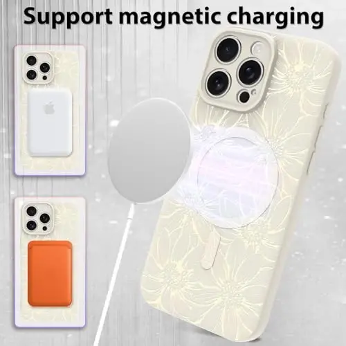 MZELQ uchun iPhone 15 Pro qutisi, Silikon oq gullar chiroyli naqshli, MagSafe bilan mos keladigan magnitli quyoshgullari kamerani himoya qiladigan telefon qutisi - 5