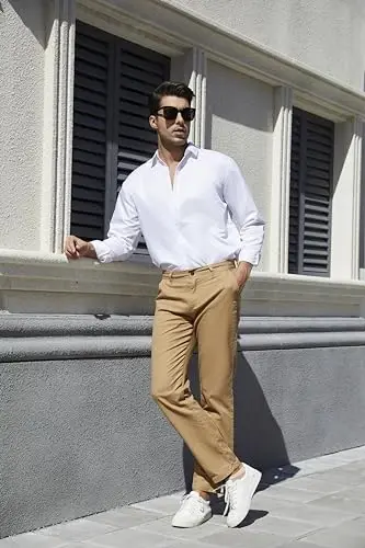 MZNBURAM Erkek Slim-Fit Streç Pamuk Moda Dar Kesim Günlük Chino Pantolon - 5