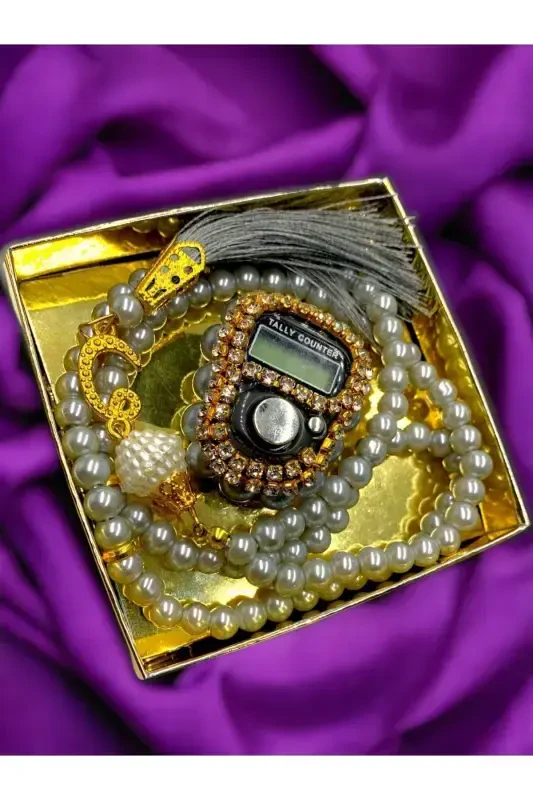 Набор чёток и тасбих с камнями в подарочной коробке - серый - 1